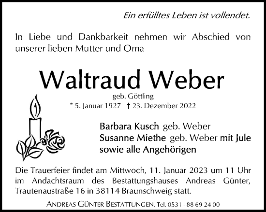 Traueranzeige von Waltraud Weber von Braunschweiger Zeitung