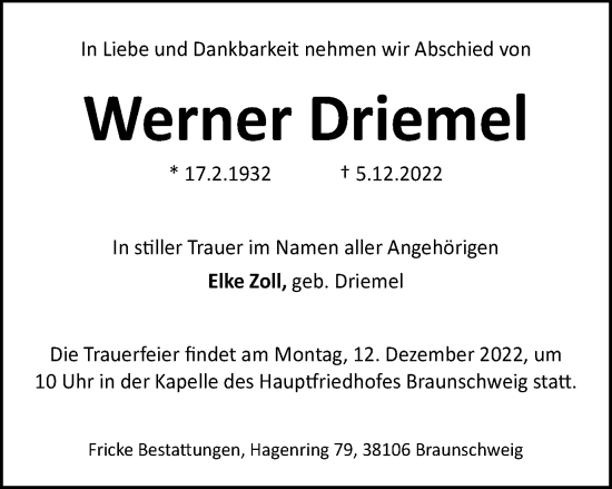 Traueranzeige von Werner Driemel von Braunschweiger Zeitung