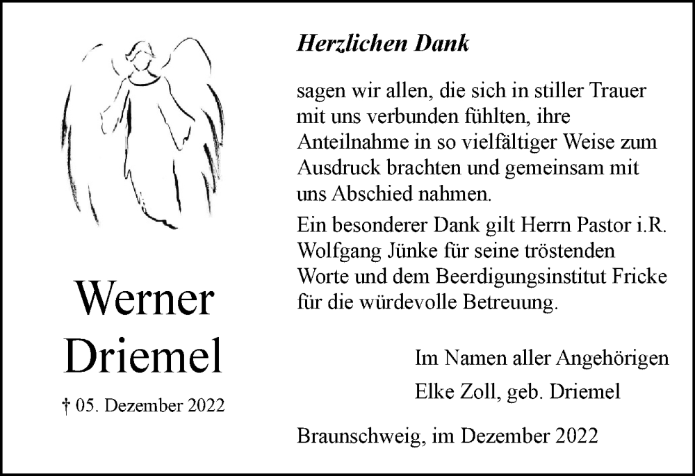  Traueranzeige für Werner Driemel vom 31.12.2022 aus Braunschweiger Zeitung