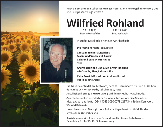 Traueranzeige von Wilfried Rohland von Braunschweiger Zeitung