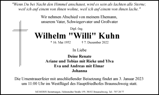 Traueranzeige von Wilhelm Kuhn von Helmstedter Nachrichten