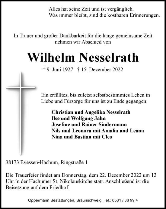 Traueranzeige von Wilhelm Nesselrath von Wolfenbütteler Zeitung
