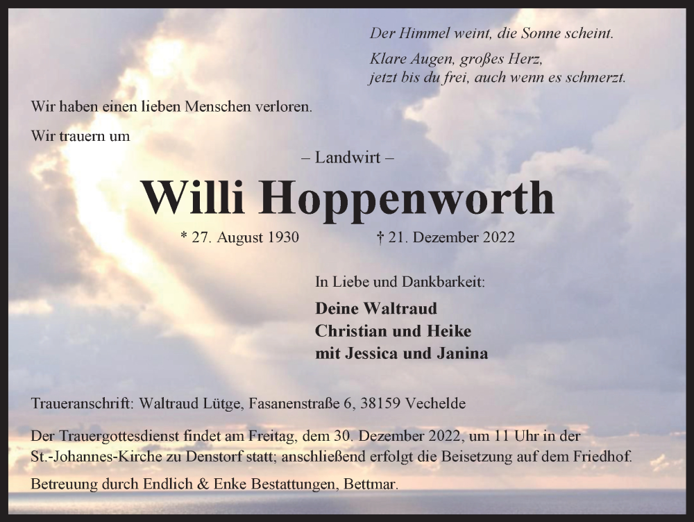 Traueranzeige für Willi Hoppenworth vom 24.12.2022 aus Peiner Nachrichten