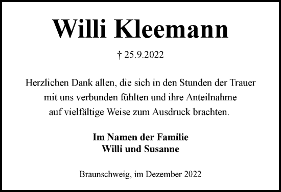Traueranzeige von Willi Kleemann von Braunschweiger Zeitung