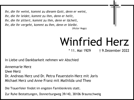 Traueranzeige von Winfried Herz von Braunschweiger Zeitung