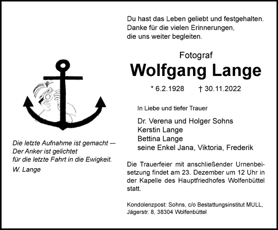 Traueranzeige von Wolfgang Lange von Wolfenbütteler Zeitung