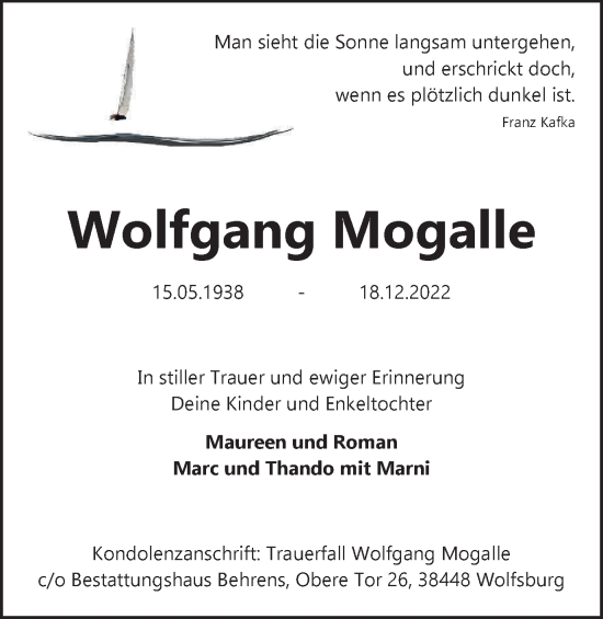 Traueranzeige von Wolfgang Mogalle von Wolfsburger Nachrichten
