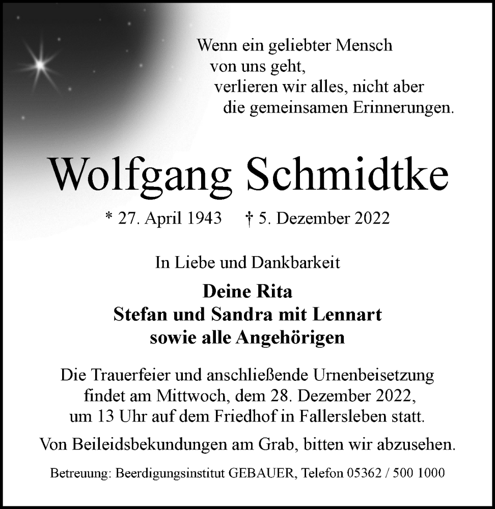  Traueranzeige für Wolfgang Schmidtke vom 16.12.2022 aus Wolfsburger Nachrichten