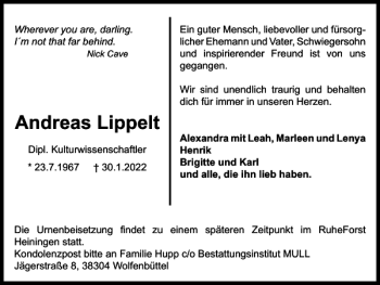 Traueranzeige von Andreas Lippelt von Wolfenbütteler Zeitung