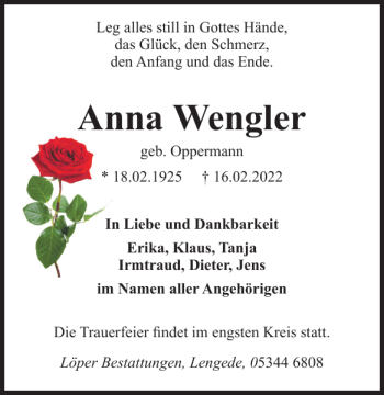 Traueranzeige von Anna Wengler von Peiner Nachrichten