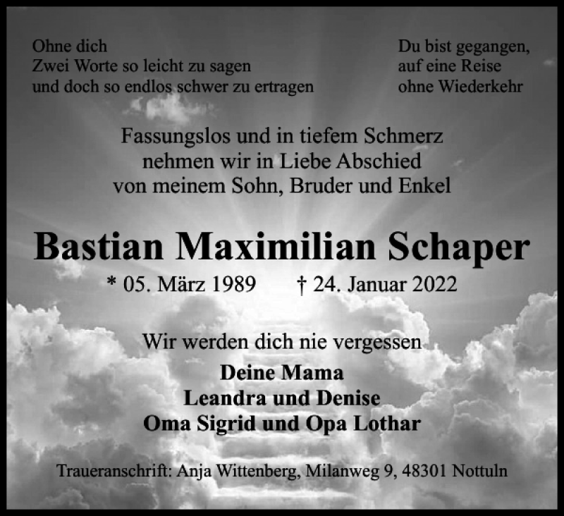  Traueranzeige für Bastian Maximilian Schaper vom 12.02.2022 aus Braunschweiger Zeitung