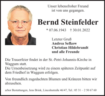 Traueranzeige von Bernd Steinfelder von Braunschweiger Zeitung