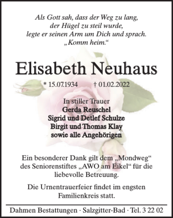 Traueranzeige von Elisabeth Neuhaus von Salzgitter Zeitung