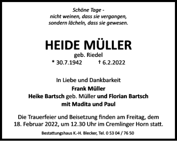 Traueranzeige von HEIDE MÜLLER von Braunschweiger Zeitung