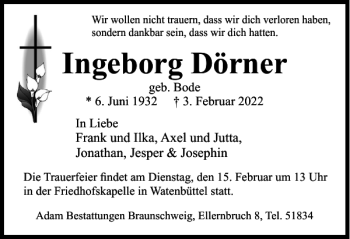 Traueranzeige von Ingeborg Dörner von Braunschweiger Zeitung