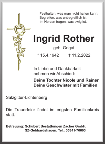 Traueranzeige von Ingrid Rother von Salzgitter Zeitung