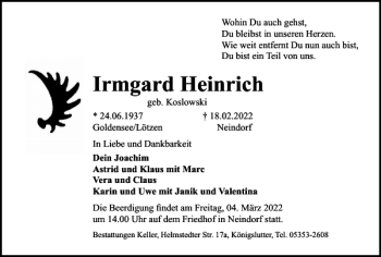 Traueranzeige von Irmgard Heinrich von Wolfsburger Nachrichten