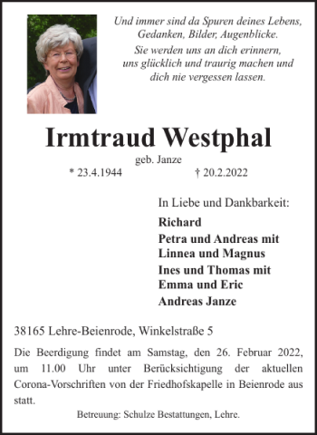 Traueranzeige von Irmtraud Westphal von Wolfsburger Nachrichten