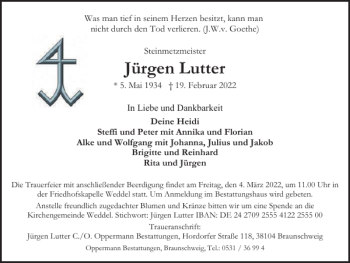 Traueranzeige von Jürgen Lutter von Braunschweiger Zeitung