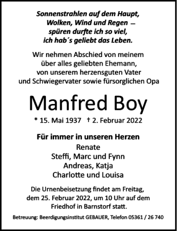 Traueranzeige von Manfred Boy von Wolfsburger Nachrichten