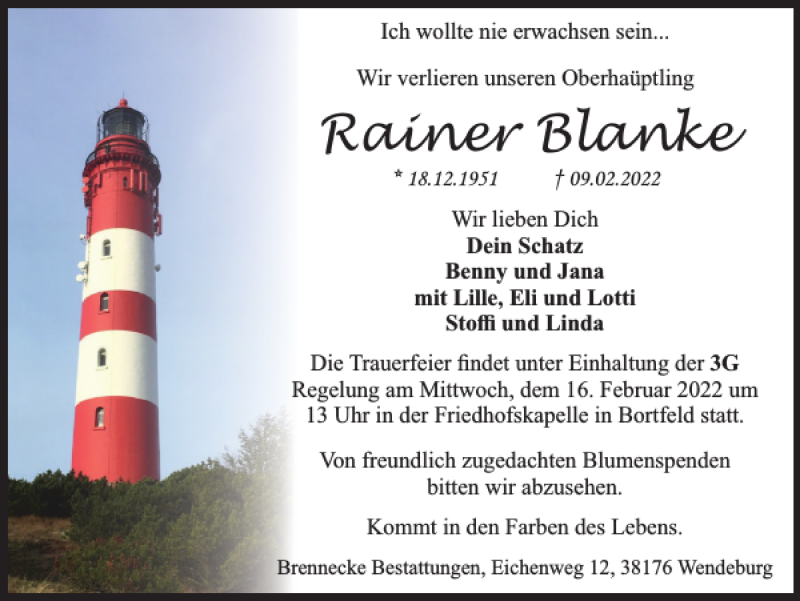  Traueranzeige für Rainer Blanke vom 12.02.2022 aus Braunschweiger Zeitung