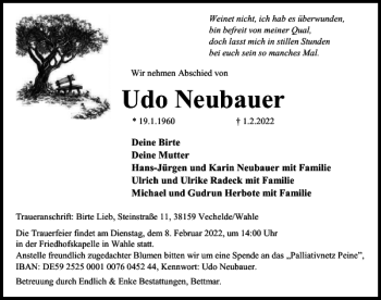 Traueranzeige von Udo Neubauer von Braunschweiger Zeitung