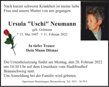 Traueranzeige von Ursula Uschi Neumann von Braunschweiger Zeitung