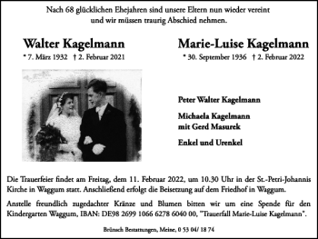 Traueranzeige von Walter Kagelmann Marie-Luise Kagelmann von Braunschweiger Zeitung