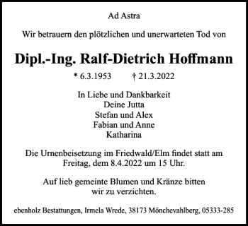 Traueranzeige von Dipl.-Ing. Ralf-Dietrich Hoffmann von Braunschweiger Zeitung