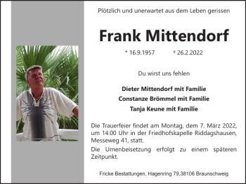 Traueranzeige von Frank Mittendorf von Braunschweiger Zeitung