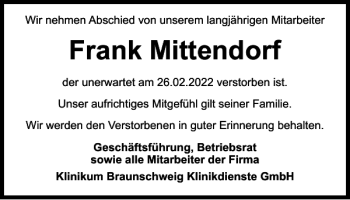 Traueranzeige von Frank Mittendorf von Braunschweiger Zeitung