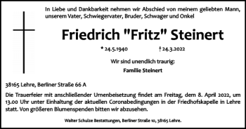 Traueranzeige von Friedrich Fritz Steinert von Braunschweiger Zeitung