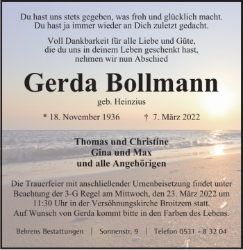 Traueranzeige von Gerda Bollmann von Braunschweiger Zeitung
