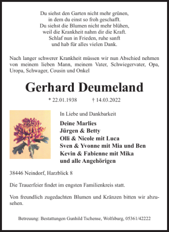 Traueranzeige von Gerhard Deumeland von Wolfsburger Nachrichten