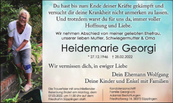 Traueranzeige von Heidemarie Georgi von Helmstedter Nachrichten