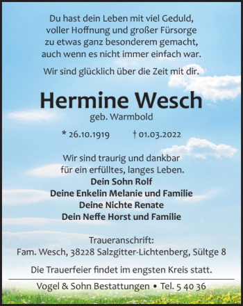 Traueranzeige von Hermine Wesch von Salzgitter Zeitung