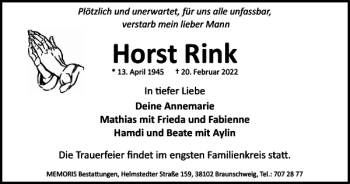 Traueranzeige von Horst Rink von Braunschweiger Zeitung