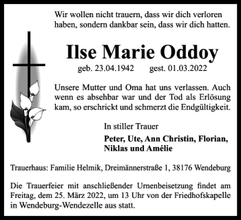 Traueranzeige von Ilse Marie Oddoy von Peiner Nachrichten