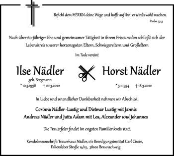 Traueranzeige von Ilse und Horst Nädler von Braunschweiger Zeitung