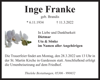 Traueranzeige von Inge Franke von Wolfenbütteler Zeitung