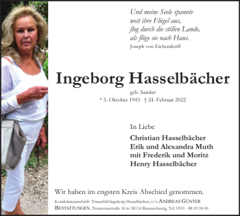 Traueranzeige von Ingeborg Hasselbächer von Braunschweiger Zeitung
