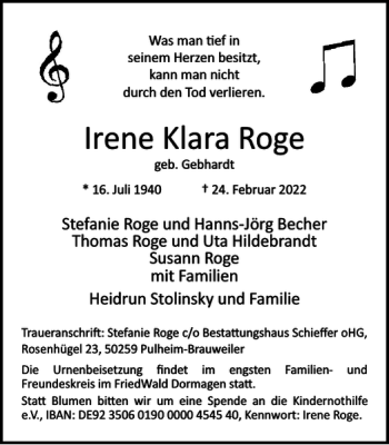 Traueranzeige von Irene Klara Roge von Wolfsburger Nachrichten