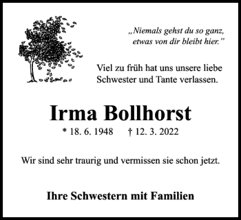 Traueranzeige von Irma Bollhorst von Salzgitter Zeitung