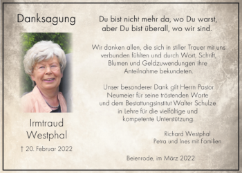 Traueranzeige von Irmtraud Westphal von Wolfsburger Nachrichten
