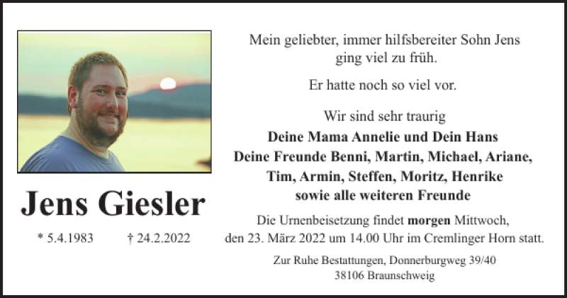  Traueranzeige für Jens Giesler vom 22.03.2022 aus Braunschweiger Zeitung