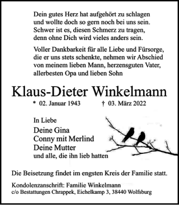 Traueranzeige von Klaus-Dieter Winkelmann von Wolfsburger Nachrichten