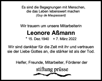 Traueranzeige von Leonore Aßmann von Braunschweiger Zeitung