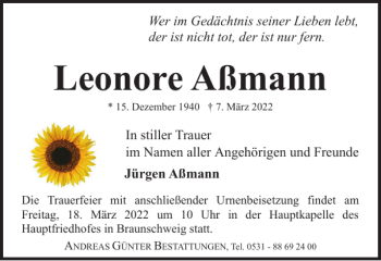 Traueranzeige von Leonore Aßmann von Braunschweiger Zeitung