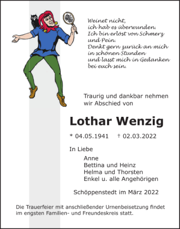 Traueranzeige von Lothar Wenzig von Wolfenbütteler Zeitung