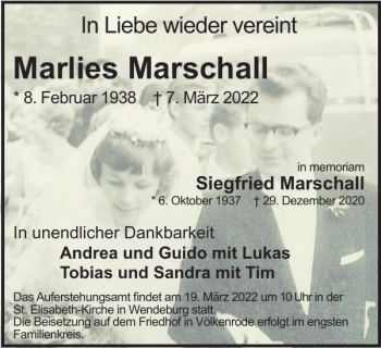 Traueranzeige von Marlies Marschall von Braunschweiger Zeitung